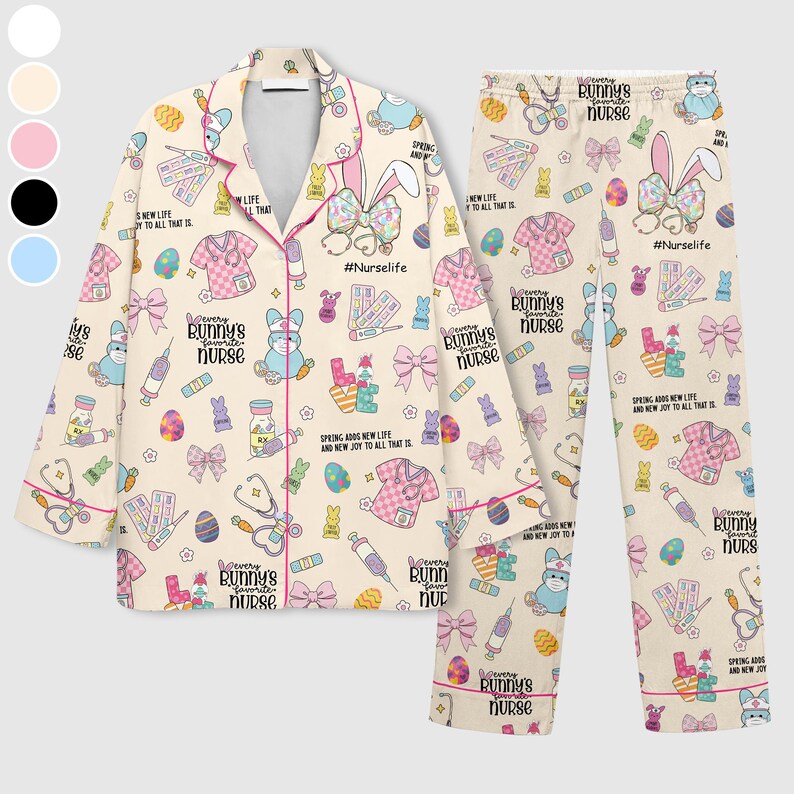 May include: A two-piece pajama set featuring a cream background with a repeating pattern of medical-themed illustrations, Easter eggs, and bunny characters. The set includes a button-down top and matching pants, trimmed with pink piping.