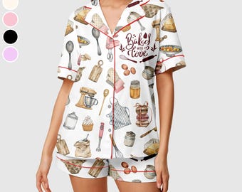 Baked with Love Pajama Set – Cute Baking Print Satin Sleepwear for Women, Cozy Kitchen-Themed Pajamas for Bakers & Food Lovers