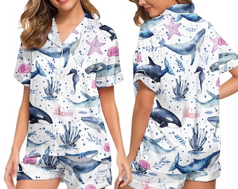Ocean Sea Life Pajama Set for Women, Satin Short Sleeve Sleepwear with Whale & Seahorse Print, Summer Loungewear Gift