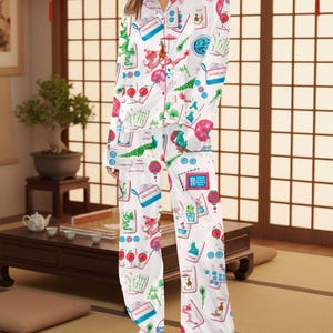 Mahjong Print Pajama Set – Chinoiserie Tile Pattern Women’s Sleepwear image 2