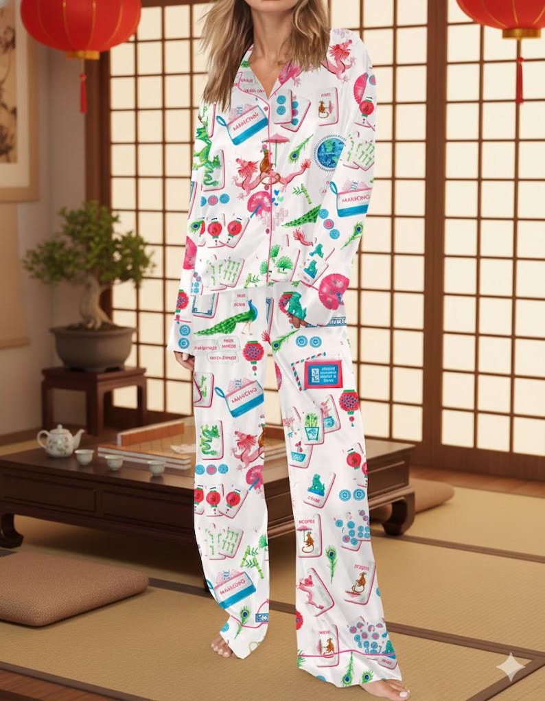 Mahjong Print Pajama Set – Chinoiserie Tile Pattern Women’s Sleepwear image 2