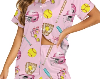 Rosa satinpyjamaset för kvinnor – Softbollmönstrad pyjamas, sportiga sommarloungekläder