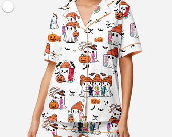 Damen Halloween Satin Pyjama Set - Geist & Kürbis Print Nachtwäsche, Gemütliche Herbst Loungewear