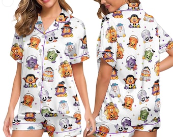 Ensemble de pyjama d'Halloween pour femme - vêtements de nuit en satin à imprimés fantômes et citrouilles, vêtements de détente de dessin animé, cadeau d'automne douillet