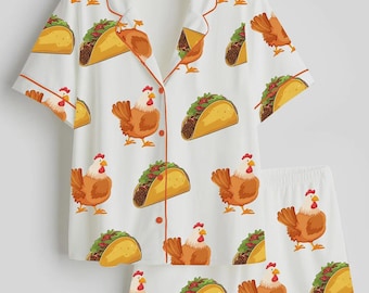 Conjunto de pijama divertido con estampado de tacos de pollo para mujer, ropa de dormir con estampado de comida, pijama de manga corta de verano, regalo original para estar en casa.