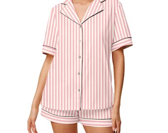 Pink Striped Pajama Set for Women, Soft Satin Long Sleeve Sleepwear, Cozy Nightwear Gift