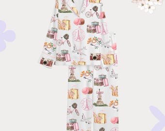 Paris Travel Print Pajama Set, Satin Button Up PJs, French Macaron Sleepwear, Gift for Her