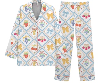 Vintage Fruit Print Pajama Set for Women, Bow Pattern Sleepwear