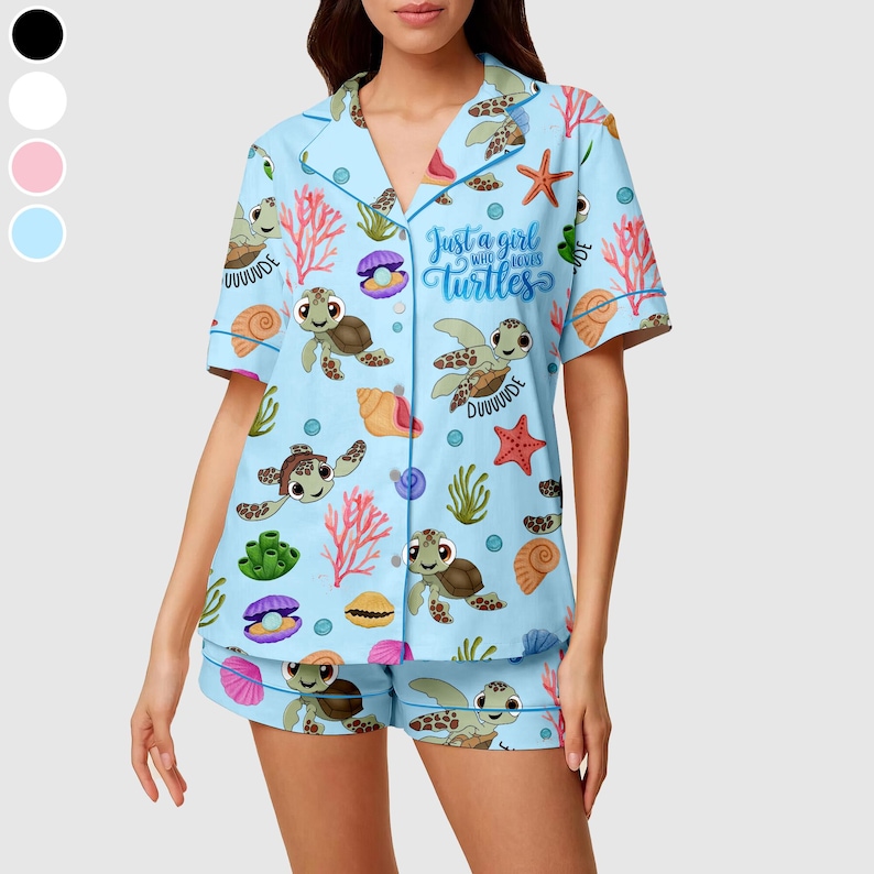 Turtle Pj Shell Sea Turtle Pajama Set for Women, Ocean Print Satin Sleepwear, Turtle ...