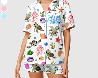 Sea Turtle Pajama Set for Women, Ocean Print Satin Sleepwear, Turtle Lovers Gift