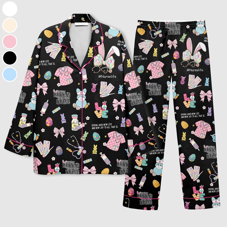 May include: Black pajama set with a repeating pattern of Easter-themed graphics, including bunnies, bows, and medical symbols. The set features pink trim and the text "#Nurselife" and "BUNNY'S NURSE".