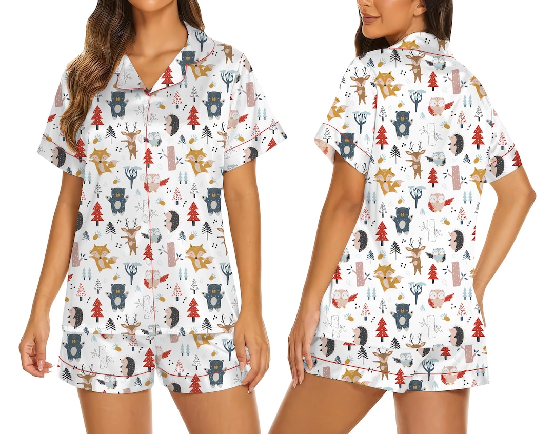 Woodland Animal Pajama Set – Cute Fox & Bear Print Satin Sleepwear for ...