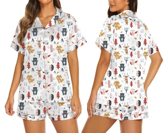 Woodland Animal-kerstpyjama voor dames, satijnen nachtkleding Fox & Bear