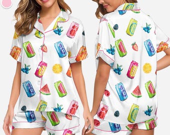 Pigiama da donna in raso con frutti tropicali, pigiama estivo con maniche