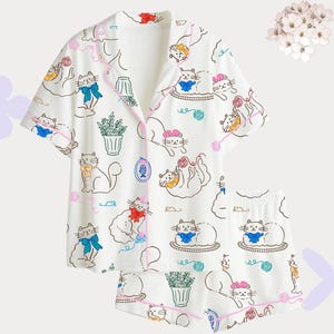 Pijama con estampado de gato, estilo vintage, de gatito kawaii para mujer, de algodón suave, ideal para estar en casa, de manga corta o larga.