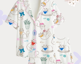 Cat Print Pajama Set, Vintage Aesthetic Sleepwear, Kawaii Kitten Pjs for Women, Soft Cotton Loungewear, Short or Long Sleeve Nightwear Gift