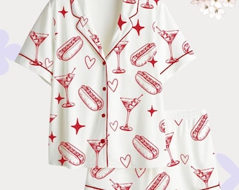 Hot Dog Martini Pajama Set – Retro Quirky Food Print Women’s Sleepwear