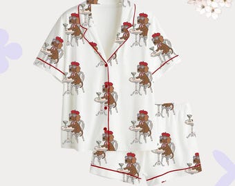 Pigiama da donna con stampa di cani, pigiama da notte con stampa di cani da cocktail, completo da salotto con bottoni, regalo per lei