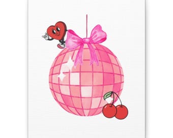 Vintage Pink Disco Ball Heart Cherry Matte Canvas Wall Art