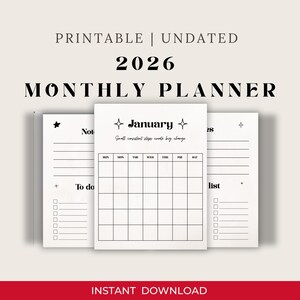 Pode incluir: Um planejador mensal imprimível de 2026 com um design minimalista. O planejador inclui um calendário para janeiro, uma lista de tarefas e uma seção de notas. O texto "PRINTABLE | UNDATED 2026 MONTHLY PLANNER" está no topo. A parte inferior tem o texto "INSTANT DOWNLOAD".