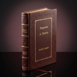 May include: A brown leather-bound book titled "Hogwarts: A History" by Bathilda Bagshot. The cover features gold lettering and ornate detailing. A red ribbon bookmark is inserted within the pages.