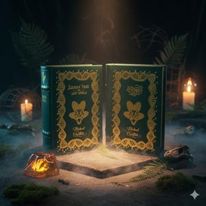 Op de afbeelding: Twee hardcover boeken met de titel "Jurassic Park: Lost World" in gouden letters op een donkergroene kaft. De kaften hebben een dinosaurus schedel en DNA-streng ontwerp. De boeken staan op een stenen oppervlak.