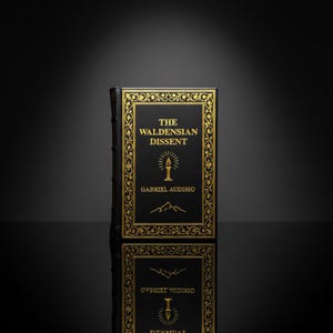 May include: A hardcover book titled "The Waldensian Dissent" by Gabriel Audisio. The book has a black cover with gold lettering and decorative borders. A gold illustration of a candle is centered on the cover, with a mountain range at the bottom.