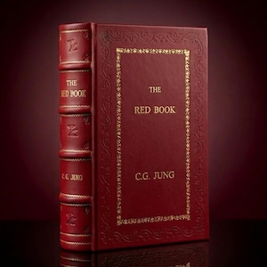 Op de afbeelding: Een rood hardcover boek getiteld "The Red Book" van C.G. Jung. Het boek heeft gouden letters en decoratieve gouden randen. De rug heeft gouden letters en reli&euml;fdesigns. Het boek staat rechtop.