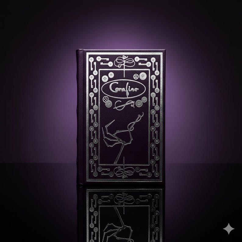May include: A dark purple book with silver embossed details. The cover features the title "Coraline" in an oval, surrounded by keys, buttons, and a skeletal hand. The book's spine is also dark purple.