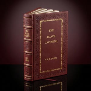 May include: A hardcover book titled "The Black Jacobins" by C.L.R. James. The book has a burgundy leather cover with gold lettering and decorative gold trim. The book is standing upright, with its pages slightly fanned.