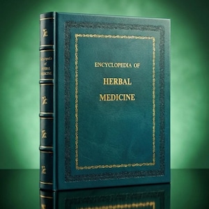 May include: A hardcover book titled "Encyclopedia of Herbal Medicine" in a teal cover with gold lettering and trim. The spine of the book is visible, with the title and decorative elements. The book is on a reflective surface.