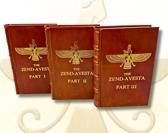 Zestaw Zend-Avesta 3 tomów autorstwa Jamesa Darmestetera, wydanie w skórzanej oprawie