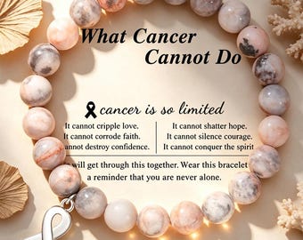 Pink Zebra Jasper Cancer Awareness Bracelet, Inspirational Survivor Gift, 8mm Natural Stone Stretch Bracelet, Ribbon Charm