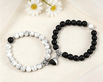 black & white turquoise magnetic heart couple bracelets