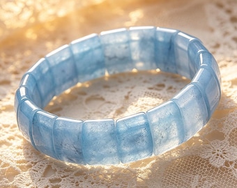 Aquamarine 10x14mm Bangle Bracelet, Unisex Stretch Gemstone Hand Row