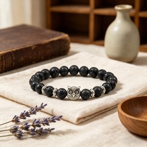 Lava Stone Owl Charm Bracelet, 8mm Natural Stone Elastic Stretch Diffuser Jewelry