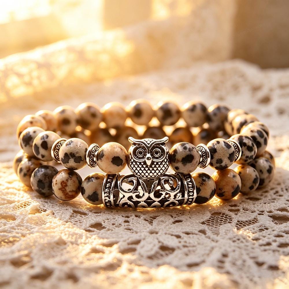Dalmatian Jasper Owl Charm Double Wrap Stretch Bracelet, 18.5-19cm