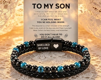 Custom Engraved Magnetic Clasp Men's Gift,To My Son Tiger Eye Leather Bracelet