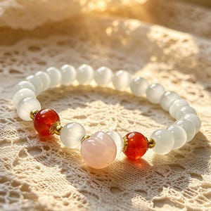 White Cat's Eye Beaded Bracelet with Peach Charm, 8mm Crystal Stretch Bracelet 16cm