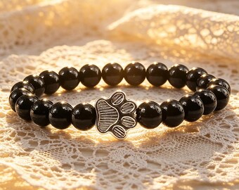 Polished Black Onyx Cat Paw Stretch Bracelet, 18.5-19cm