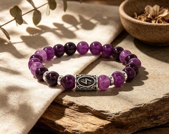 Purple Agate Norse Rune Bracelet, Viking Symbol Natural Stone Elastic Beaded Jewelry