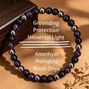 Grounding Protection Bracelet, Amethyst Black Onyx & Hematite, 8mm Natural Stone, Universal Light  Energy Shield Stretch Bracelet, 16-20cm