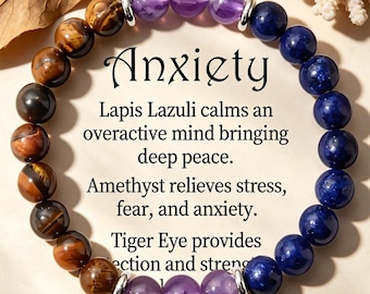 Anxiety Relief Crystal Bracelet, Lapis Lazuli Amethyst Tiger's Eye, 8mm Natural Stone, Calm & Stress Relief, 16-20cm