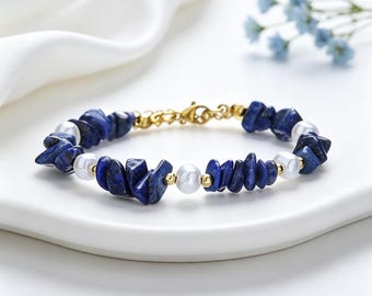 Natural Lapis Lazuli Pearl Beaded Bracelet,  Gold Plated Stainless Steel, Dainty Gemstone Adjustable Bracelet, Elegant Jewelry Gift