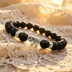Silver Elephant Lava Rock Diffuser Bracelet, 18.5-19cm Stretch Fit