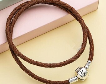 PANDORA ブラウン編み込みレザーブレスレット - Etsy 日本