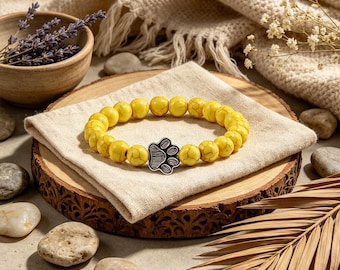 Yellow Turquoise Paw Charm Bracelet, 8mm Natural Stone Beaded Wristband, Boho Pet Lover Jewelry