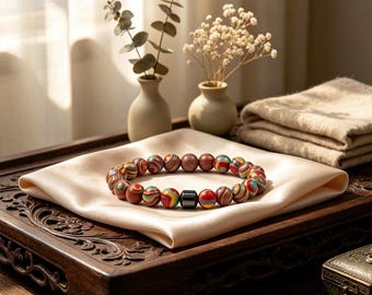 Multicolor Rainbow Swirl Stone Hematite Bracelet, 8mm Natural Stone Elastic Stretch Jewelry