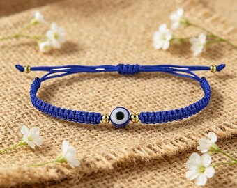 Blue Evil Eye Braided Bracelet, Protection Nazar Boncuk Charm, Adjustable Friendship Accessory