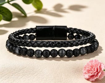Men's Braided Leather Lava Stone Bracelet Set, Magnetic Clasp Stackable Jewelry